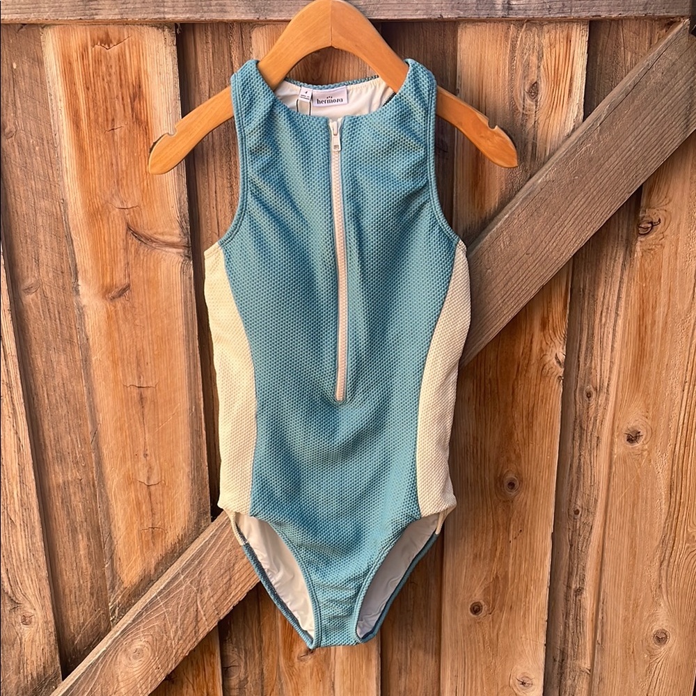 Blue and Cream Zip-Front Swimsuit